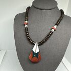 Vintage Boho Ethnic Necklace Inlaid Coral and Dyed Wood 17?