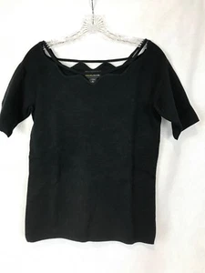 Top donna medio stile Metro nero a costine collo decorativo manica corta nuovo senza etichette - Foto 1 di 5
