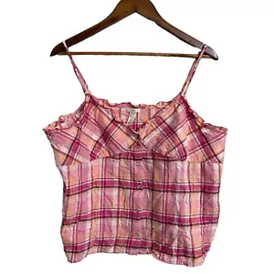 Old Navy Womens Pink Plaid Pearl Snap Ruffle Trim Y2K Tiny Fit Tank Blouse XXL - Picture 1 of 6