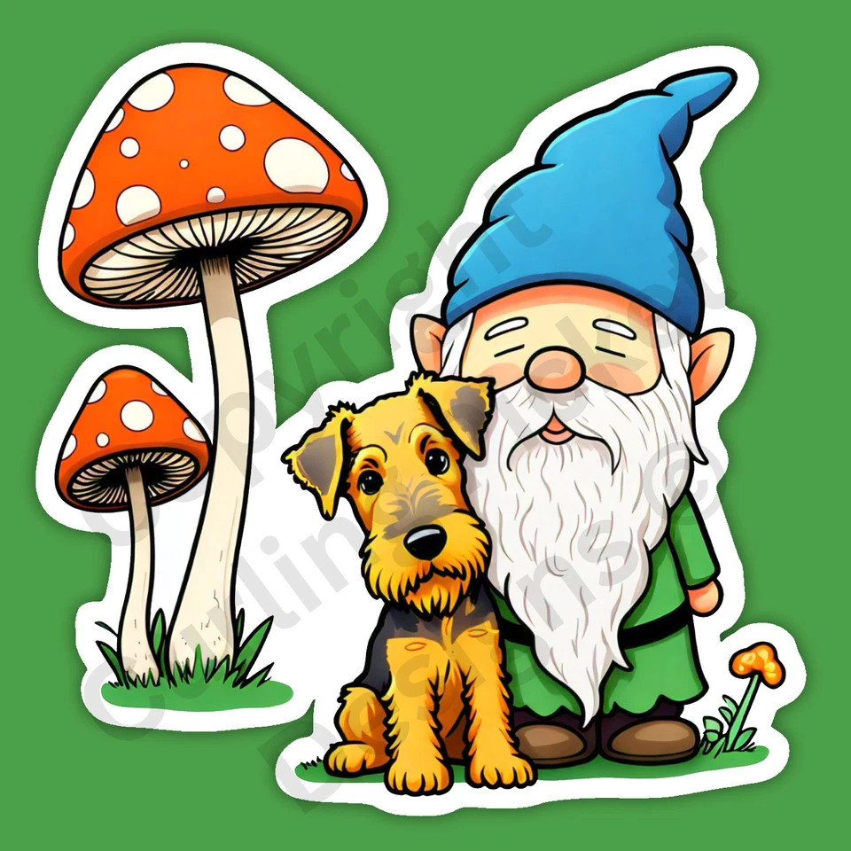 Gnome With Airedale Terrier Breed Dog Fun Cute 3" Vinyl Sticker - Image 1 of 1