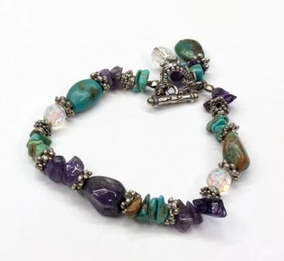Mixed Media Turquoise Amethyst AB Crystal Handmade Beaded Toggle Bracelet 7.75" - Image 1 of 4
