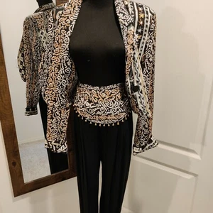 Vtg 90s Faith Abstract/Ethnic Top Shorts Pants Set Beaded Women's Size L Rayon - Picture 1 of 12