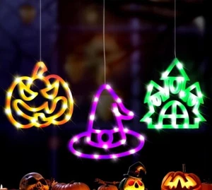 3PCS Halloween Lights Window Decorations, Orange Pumpkin, Purple Witch Hat - Picture 1 of 8