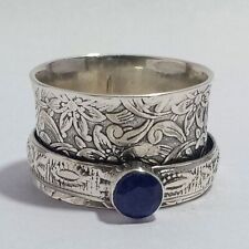 925 Sterling Silver Spinner Ring Blue Sapphire Gemstone Heavy Band Spinner Rings