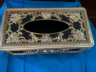 Vintage Tissue box cover  Antique Hollywood Regency Style  Black Velvet And Gold - Image 1 of 4
