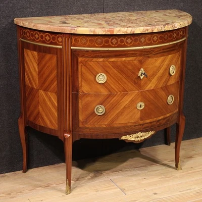 Commode demi-lune française chiffonier marqueté marbre style Louis XVI 900 - Photo 1/4