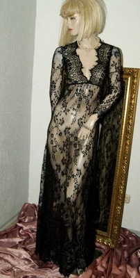 Betörendes graziles Negligee Nachtkleid filigrane Spitze in schwarz lang Gr. M - Bild 1 von 4