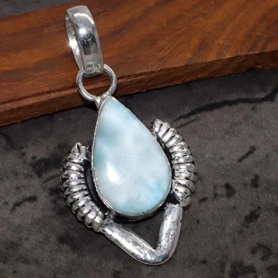 Larimar 925 Silver Plated Gemstone Handmade Pendant 2" Valentine Jewelry JW - Image 1 of 3
