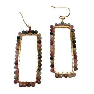 Rainbow Tourmaline Gold Color Big Rectangle Earrings Hook Earrings - Picture 1 of 6