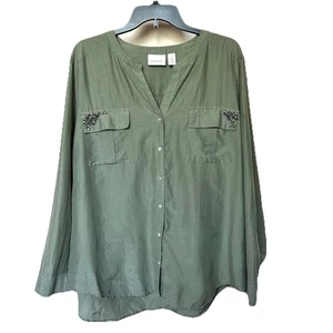 Camisa Blusa Mujer Chicos 3 US XL Verde Oliva Algodón Seda Abotonada Joya  - Imagen 1 de 11
