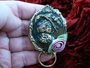  #E450) Woman rose Eyeglass BRASS pin pendant ID badge holder - Picture 1 of 1