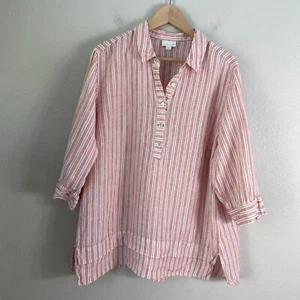 J JILL Love Linen Womens Plus 2X Striped 3/4 Sleeve Popover Tunic Top Blouse - Picture 1 of 9