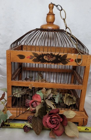 VICTORIAN DOME TOP DECORATIVE WOOD BIRD CAGE FRENCH WIRE HAND-PAINTED 17x12"x9" Cover