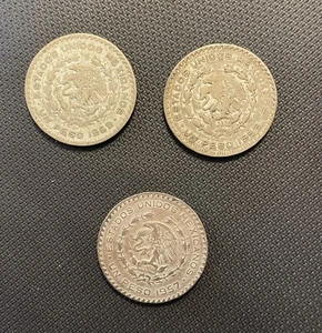 LOTE de 3 ~ 1957 (1) + 1959 (2) UN PESO ~ MÉXICO ~ JOSE MORELOS ~ 10% PLATA - Imagen 1 de 2