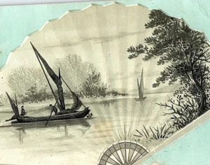 Woolson Spice Co. de la década de 1890 Tarjeta victoriana Lion Coffee Sailboats Lake Fan Border - Imagen 1 de 4