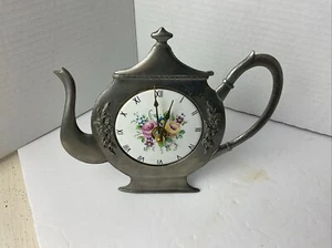 TEAPOT QUARTZ CLOCK  PEWTER  Floral FINISH   7 X 5.5 INCH - Picture 1 of 11