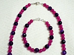 Lila Rosa Magenta Perlen Edelstein Sterlingsilber Halskette & Armband Set - Bild 1 von 17