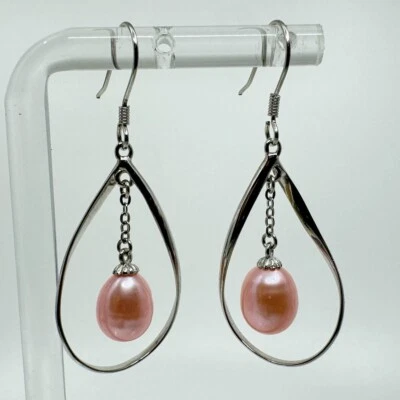 Sterling Silver Rhodium Plated Teardrop Pink Freshwater Pearl Earrings 1.5” - Image 1 of 4