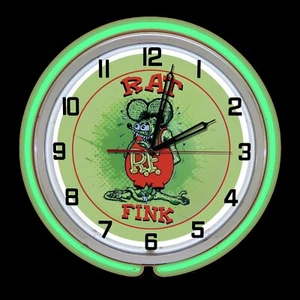 15" Rat Fink Green Sign Green Double Neon Clock - Picture 1 of 2
