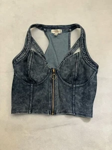 Marilyn Monroe Womens Charcoal Black Zip Up Sleeveless Denim Crop Top Size M - Picture 1 of 7