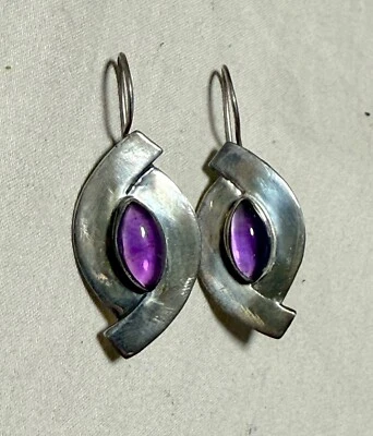 Винтажные висячие серьги ручной работы в стиле ар-деко из чистого серебра с аметистом - Изображение 1 из 4