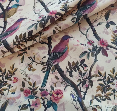 CRAFTY MOUSE'S Velour velvet Upholstery fabric Pink Birds on Beige priced by HALF METER