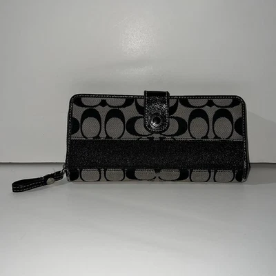 Carteira Coach Jacquard Signature C preta/cinza lona acabamento em couro fecho de pressão - Imagem 1 de 4