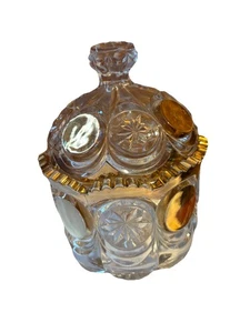 Vtg EAPG US Glass Covered Candy Dish Jam Pot Gold Gilding 7” Heavy Pressed Glass - Picture 1 of 12