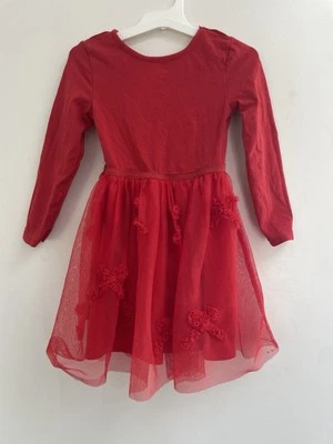 H&M 学步女孩纯色红色薄纱内衬裙棉混纺长袖连衣裙 4T — 第 1/4 张图片