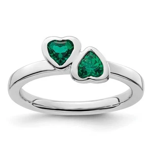 Sterling Silver Stackable Lab Created Emerald Double Heart Ring Size 9 for Women - Picture 1 of 6