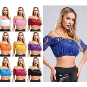 Mujeres Danza del Vientre Mangas Abullonadas Prendas para el torso Dobladillo Elástico Top Corto Baile Blusa Camisa - Imagen 1 de 108