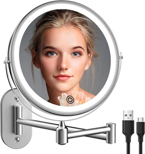 Rechargeable Wall Mounted Lighted Makeup Vanity Mirror 8 Inch 1X/10X Magnifying - Picture 1 of 8