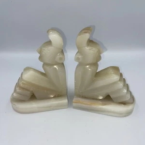 Pair Of VTG Bookends Aztec Mayan Tiki Gods Carved Marble Onyx Stone Striped - Picture 1 of 4