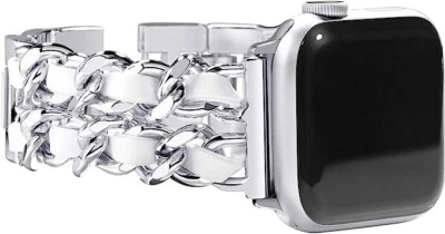 NewWays Compatible para Apple Watch Correa 38mm Mujer Eslabón Plateado con Cuero Blanco Foto 1 de 4