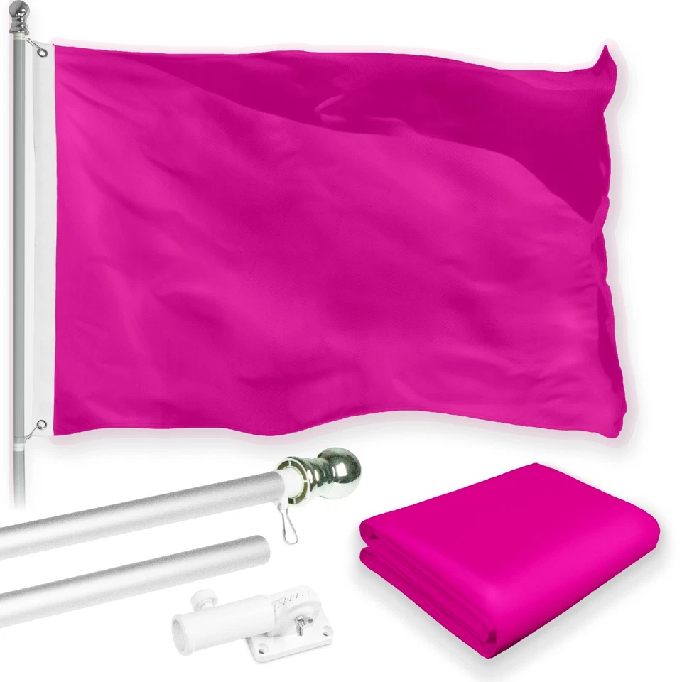 G128 Combo 5 Ft Flagpole (Silver) & Pink Color Flag 2.5x4 Ft Printed 150D Poly