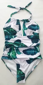 Beachsissi 1 Piece Swimwear Padded Halter Tie White Green Leaf Swimsuit Sz S - Picture 1 of 4