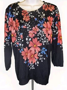 Cathy Daniels Black Floral Sweater Top Studded Scoop Neck 3/4 Sleeve Womens L - Picture 1 of 12