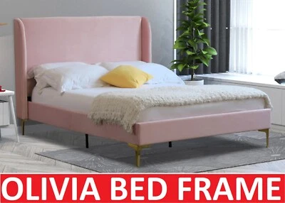 PREMIUM OLIVIA KING SINGLE DOUBLE QUEEN KING SIZE PINK VELVET WING BED FRAME - image 1 of 4