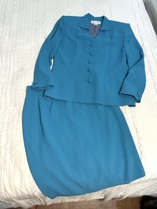 VINTAGE CHRISTIAN DIOR BRIGHT BLUE SKIRT SUIT SET women’s Size 16 turquoise RARE - Picture 1 of 14