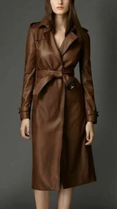 Women Brown Genuine Real Leather Trench Coat - Picture 1 of 4