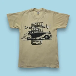 Vintage Rolls Royce Poverty Sucks T-Shirt Medium Beige 80s True VTG RARE Funny - Picture 1 of 7