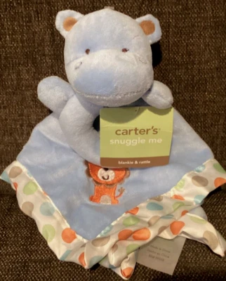 New Carter's Blue Hippo Lion Polka Dots Baby Security Blanket Blankie Rattle - Image 1 of 3