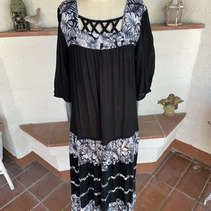 Sz S Muumuu House Patio Dress Lounge Kaftan Black Crepe Comfy Vintage - Picture 1 of 4