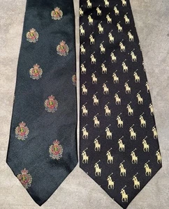 Vintage Polo Ralph Lauren 100% Silk Necktie Lot Pony Logo Crest Monogram 2 Ties - Picture 1 of 10