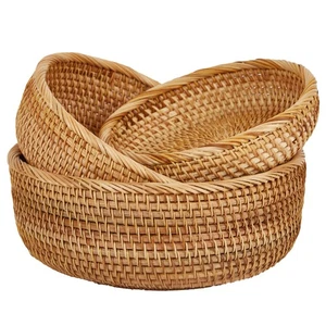 Natural Rattan Round Fruit Basket Bowls, Hand Woven Decor Serving Baskets, Wi... - Bild 1 von 6