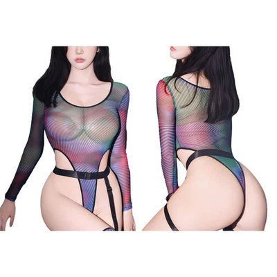 Women Sheer Leotard Long Sleeve Openable Crotch High-cut One-piece Bodysuit  - Image 1 of 4