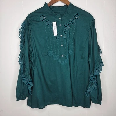 J Crew Womens Green Ruffle Sleeve Embroidered Eyelet Popover Blouse Size 3X Boho - Image 1 of 4