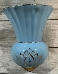Vintage Pearl China Co Hand Decorated Lotus Blue 22 Kt Gold Wall Pocket MCM - Picture 1 of 6