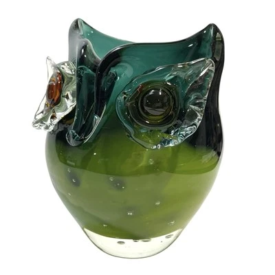 Vintage 1960s German Glide Art Glass Owl Vase 5" - Controlled Bubbles Blue Green - Image 1 of 4