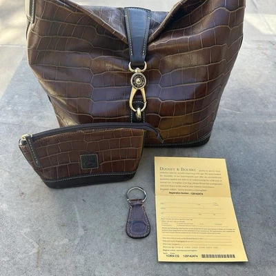 Dooney & Bourke Sac Bag Cognac Croc Embossed Leather Logo Lock Purse Pouch & Key - Image 1 of 4